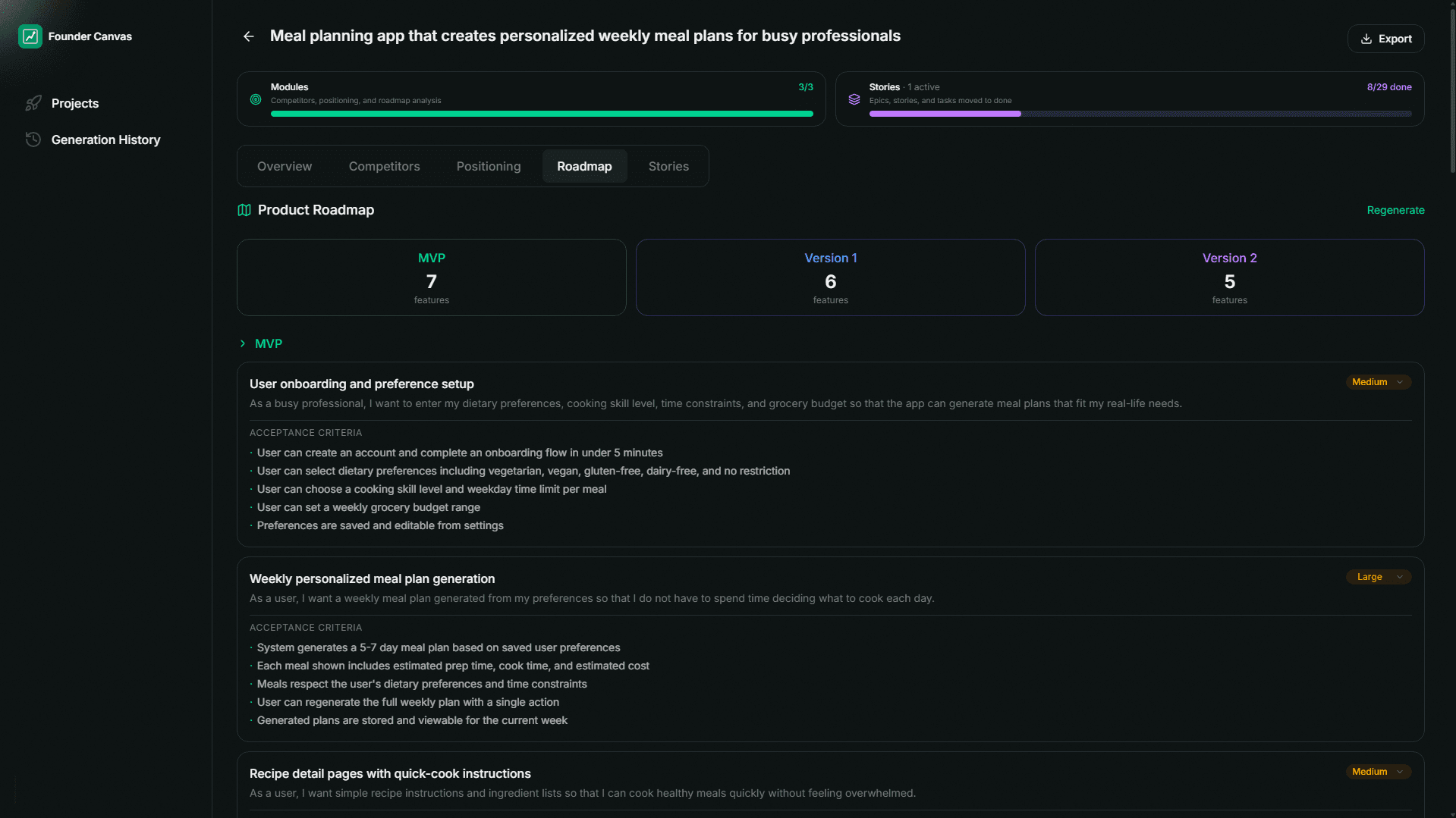 Product roadmap with MVP, V1, and V2 phases with user stories and acceptance criteria