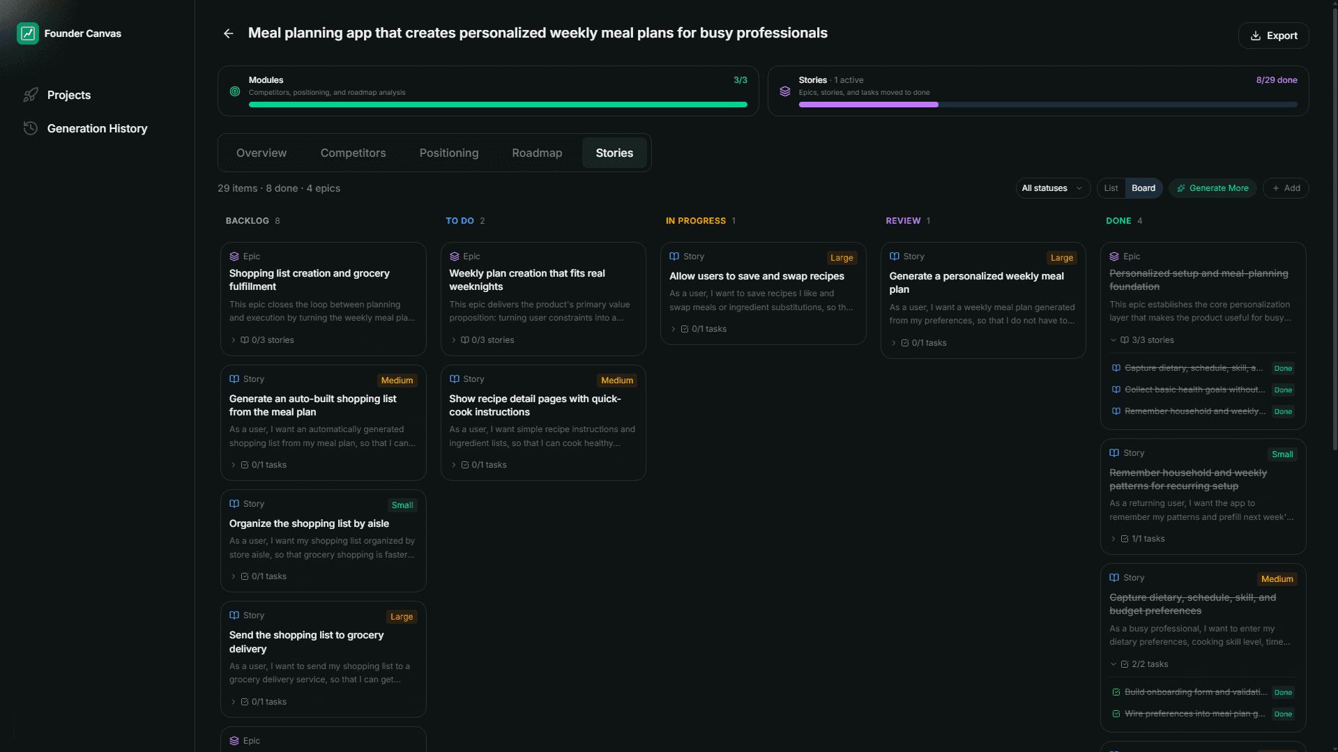 Kanban board view of AI-generated user stories organized by status